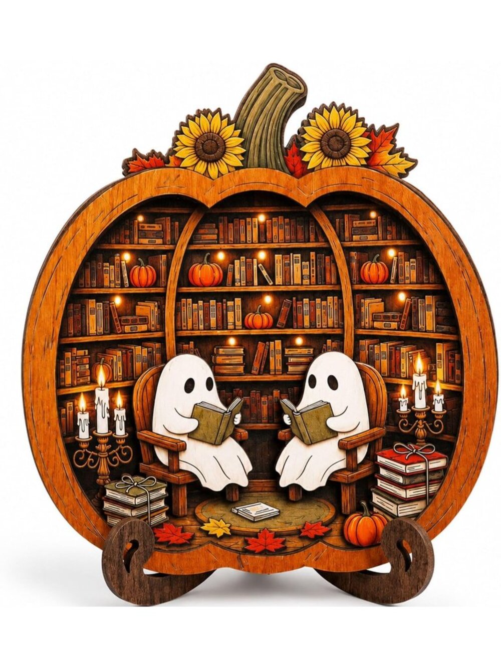 〽️Halloween Pumpkin Decor Cute Ghost Reading Book Wooden Bookshelf Cozy Library
